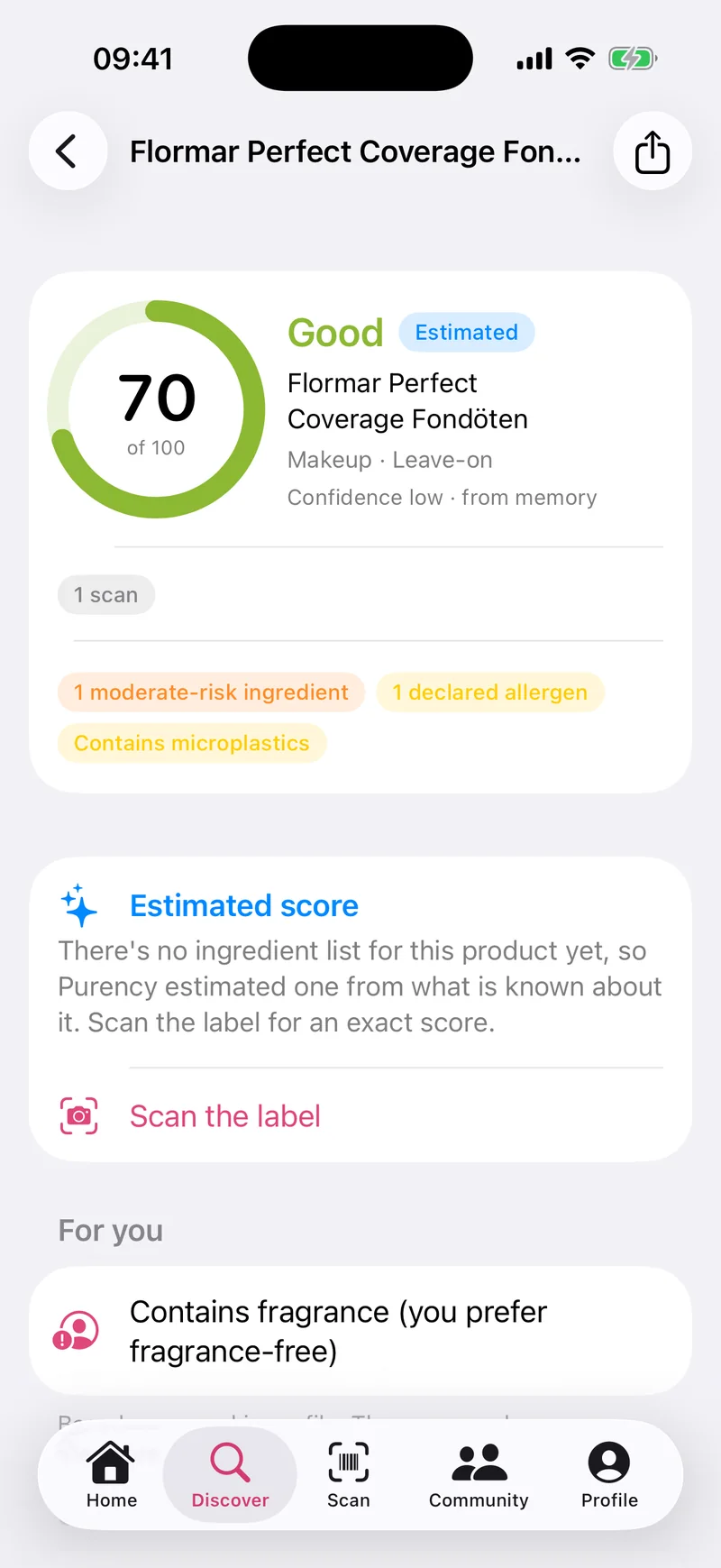 Estimated score: Flormar Perfect Coverage Fondöten 70 / 100, Good, marked Estimated