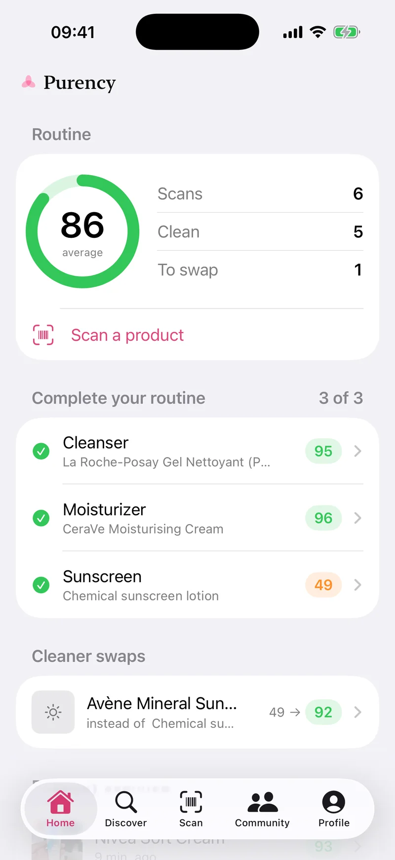 Purency home screen: routine average 86, six scans, five clean products and routine steps