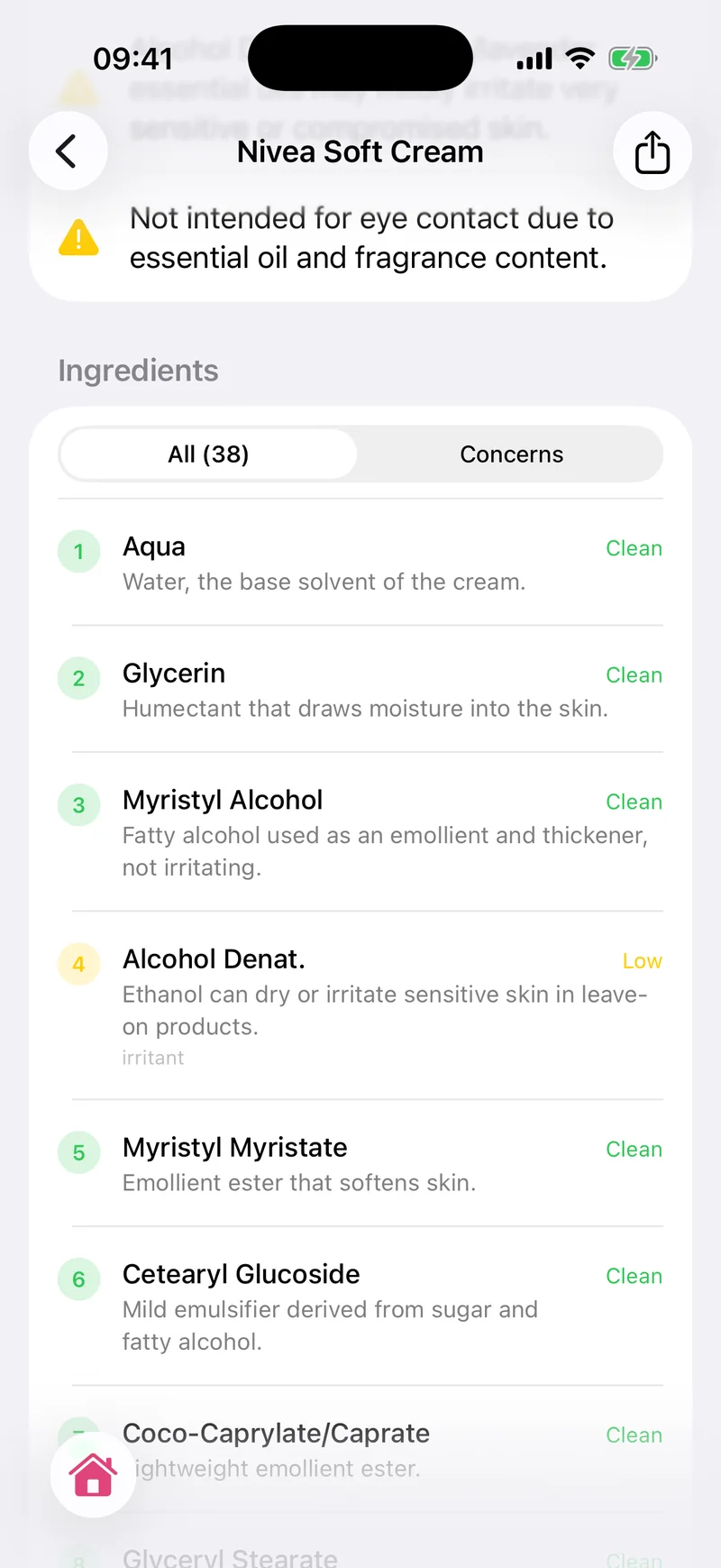 Ingredient list: every ingredient in order, with its risk level and a one-sentence explanation