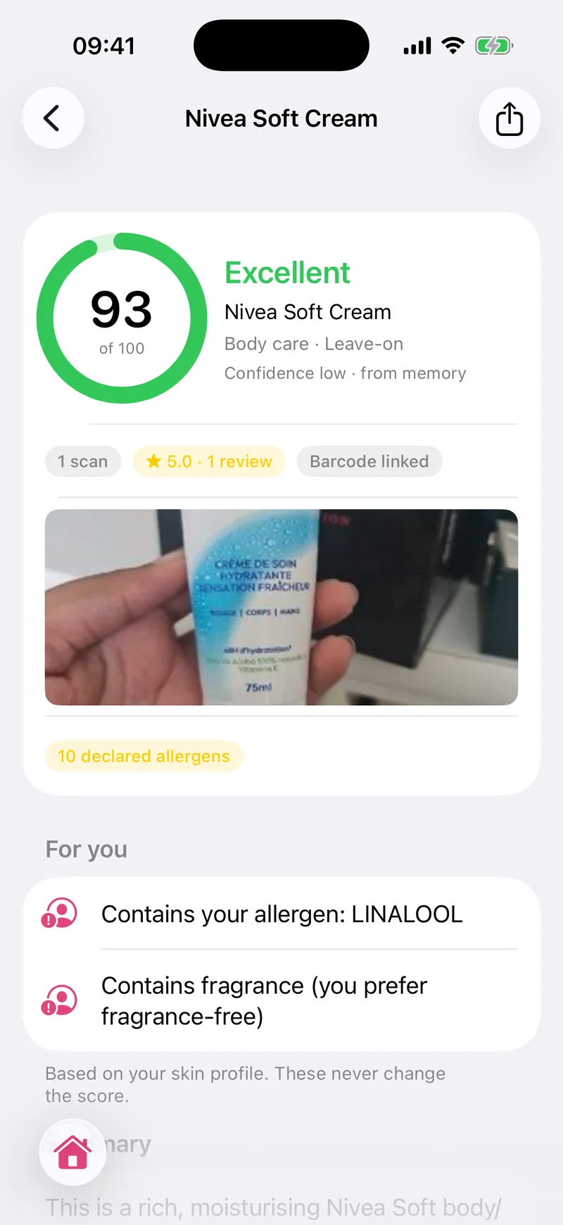 Product result: Nivea Soft Cream 93 / 100, Excellent, with two personal notes for allergen and fragrance