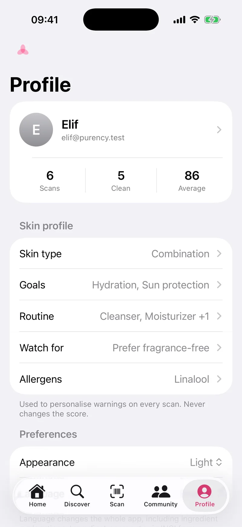 Profile: skin type, goals, routine, things to watch for and allergens