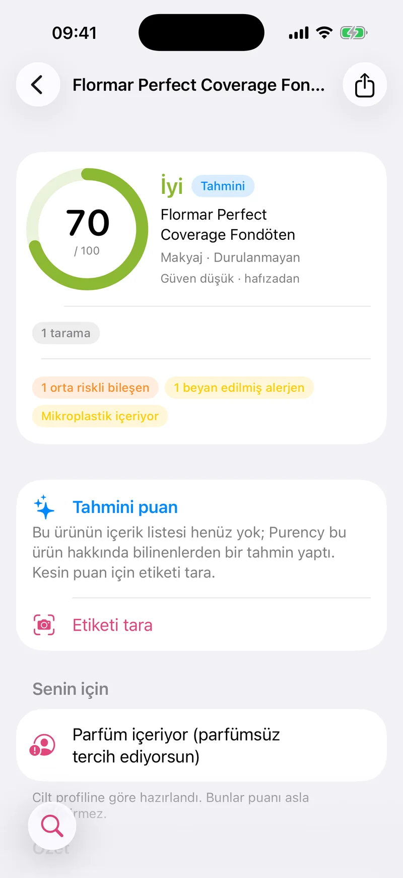 Tahmini puan: Flormar Perfect Coverage Fondöten 70 / 100, İyi, Tahmini etiketiyle