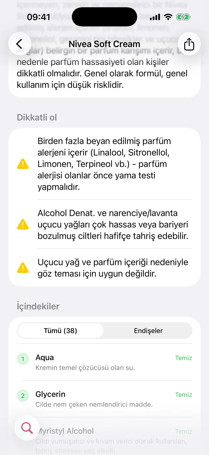 İçerik listesi: her bileşen sırasıyla, risk düzeyi ve tek cümlelik açıklamasıyla