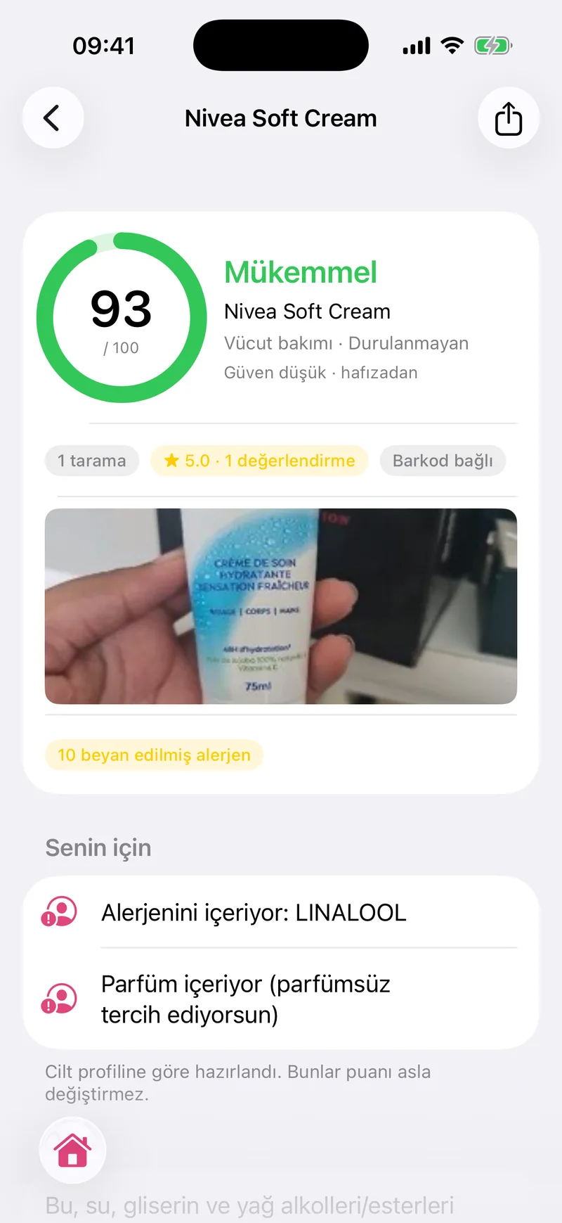 Ürün sonucu: Nivea Soft Cream 93 / 100, Mükemmel; alerjen ve parfüm için iki kişisel uyarı