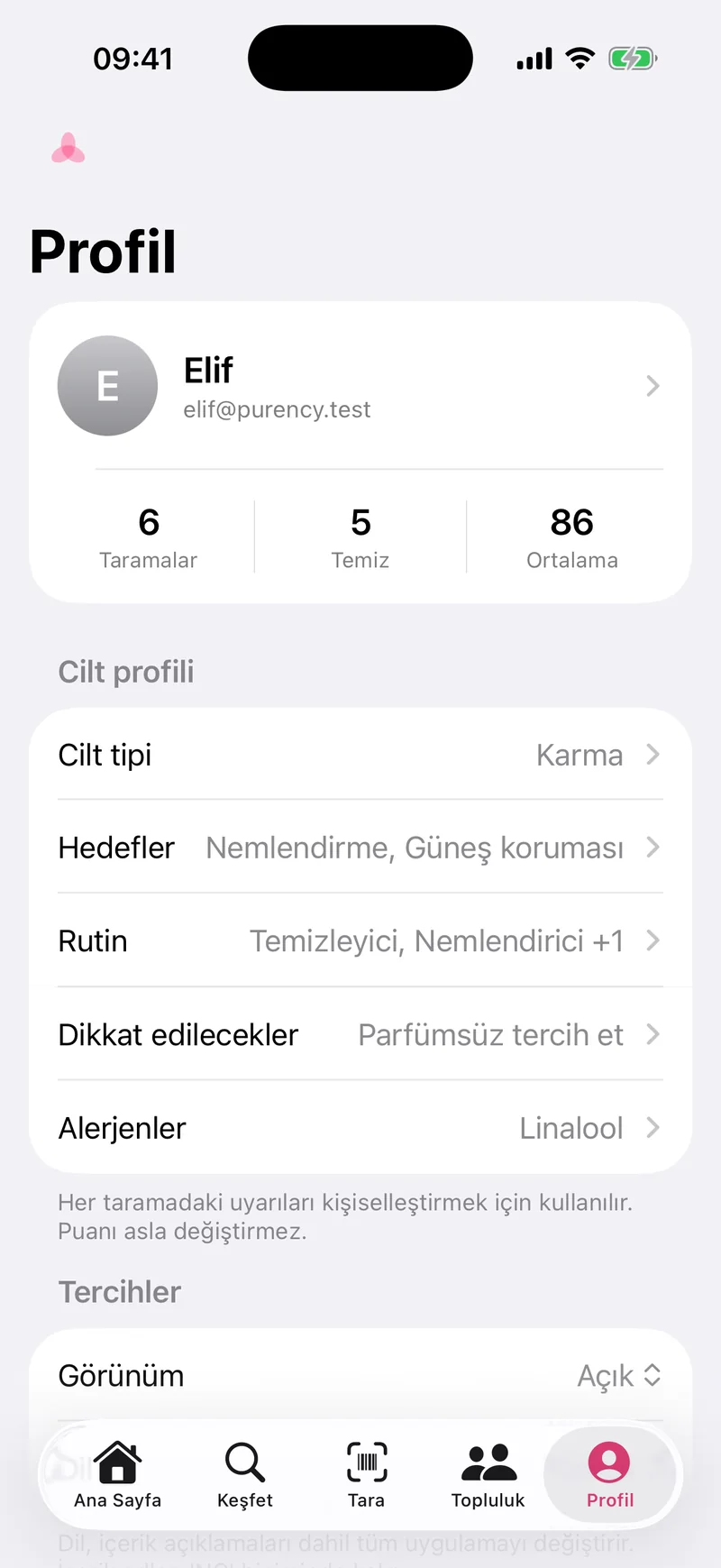 Profil: cilt tipi, hedefler, rutin, dikkat edilecekler ve alerjenler